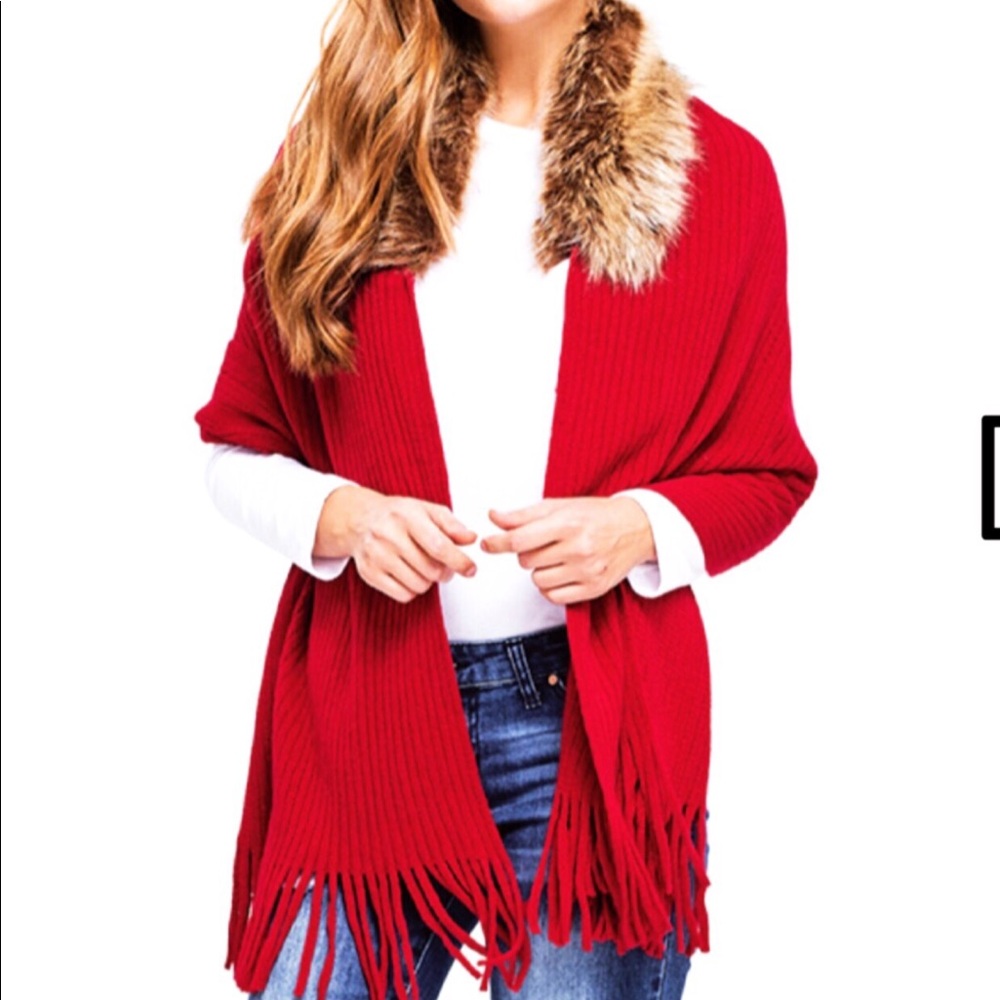 Red ribbed faux fur sweater shawl